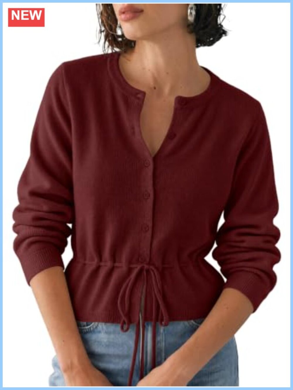 Womens Cropped Cardigan Button Up Tie Crew Neck Long Sleeve Knit Sweater